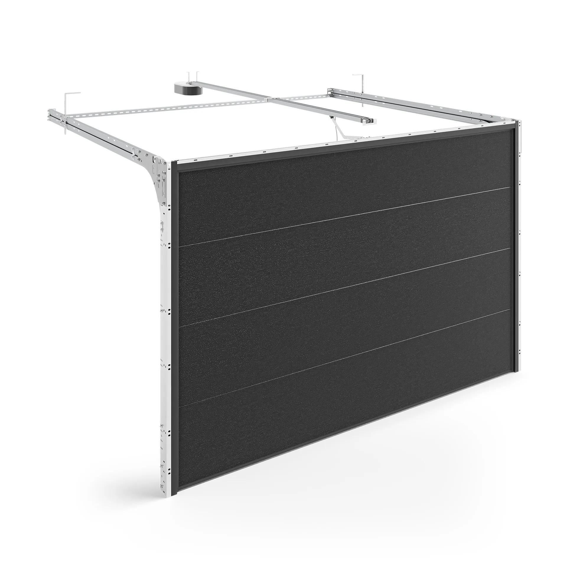 Dark sectional garage door with wide horizontal panels and visible guide tracks
