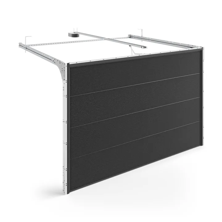 Dark sectional garage door with wide horizontal panels and visible guide tracks