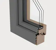Cross-section of a timber window with grey aluminium cladding outside and triple glazing
