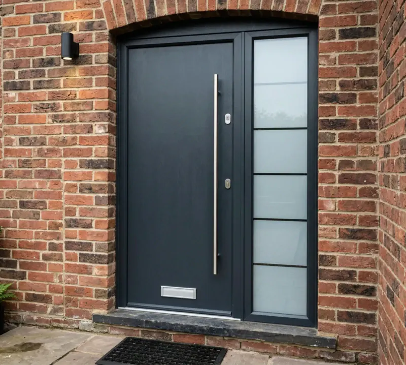 Charcoal entrance door with a glazed sidelight