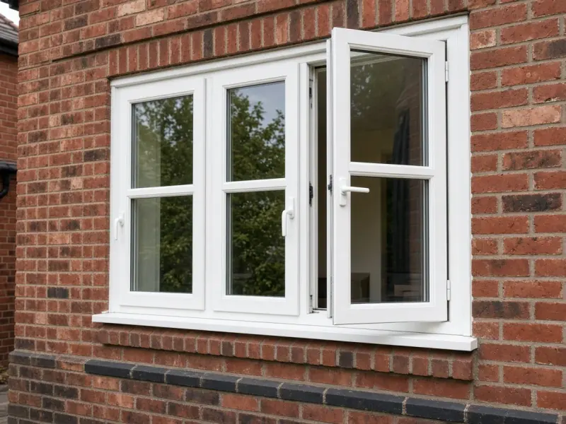 White flush casement window with one sash open on a brick house