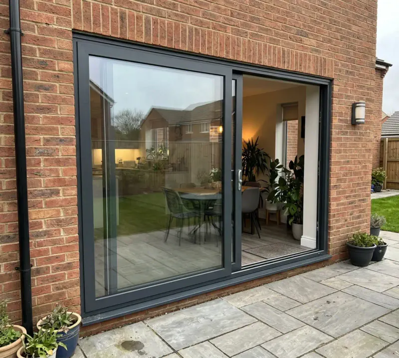 Anthracite sliding patio doors with one panel open
