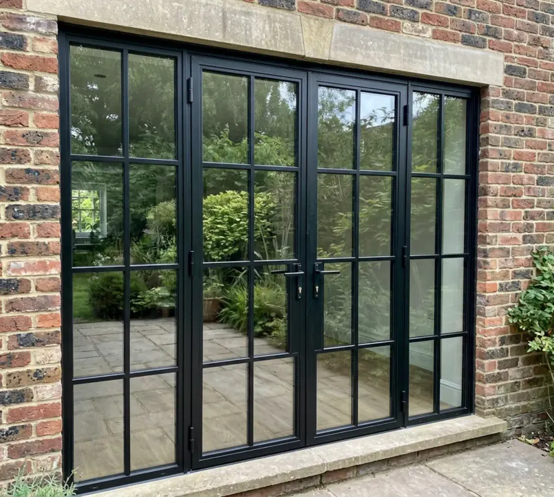 Black steel French doors opening to a garden
