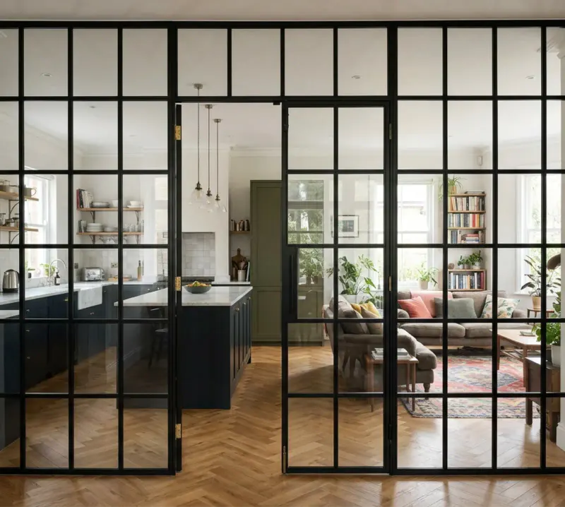 Black steel room divider between two rooms