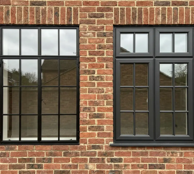 Slim steel window beside a chunkier steel-look frame