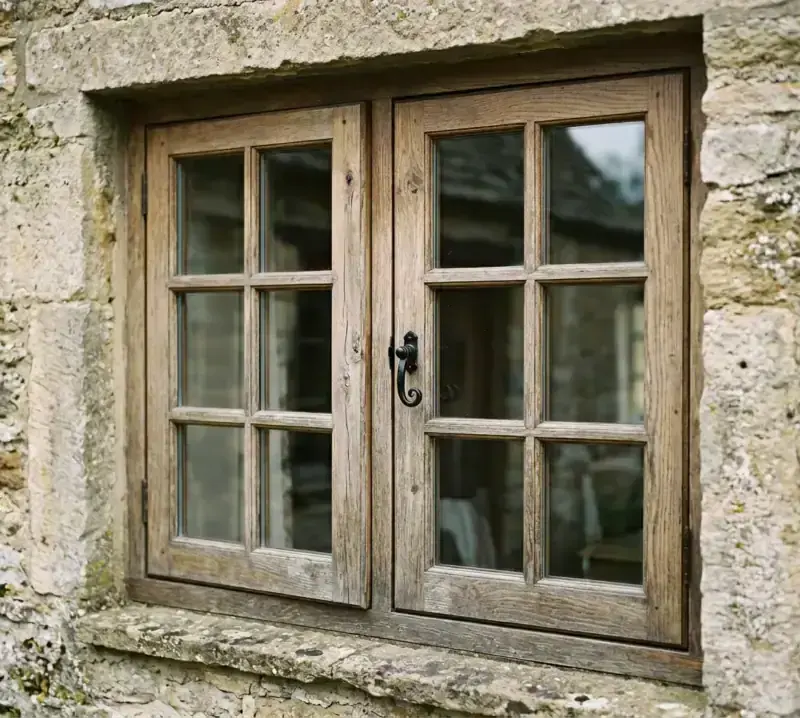Oak timber windows in a stone surround