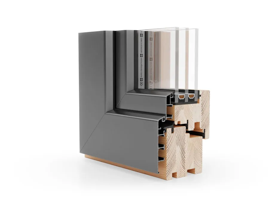 Corner-section render of a timber window with dark external aluminium cladding and triple glazing