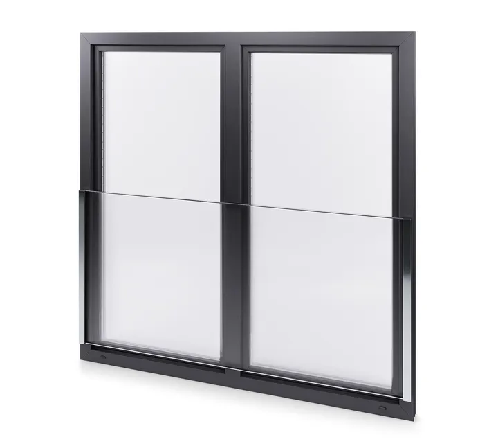 Two-section dark-framed window with a transparent glass Juliet balustrade