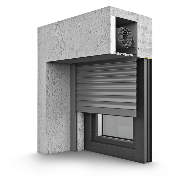 Cutaway render of a concealed external roller shutter partly lowered over a dark window