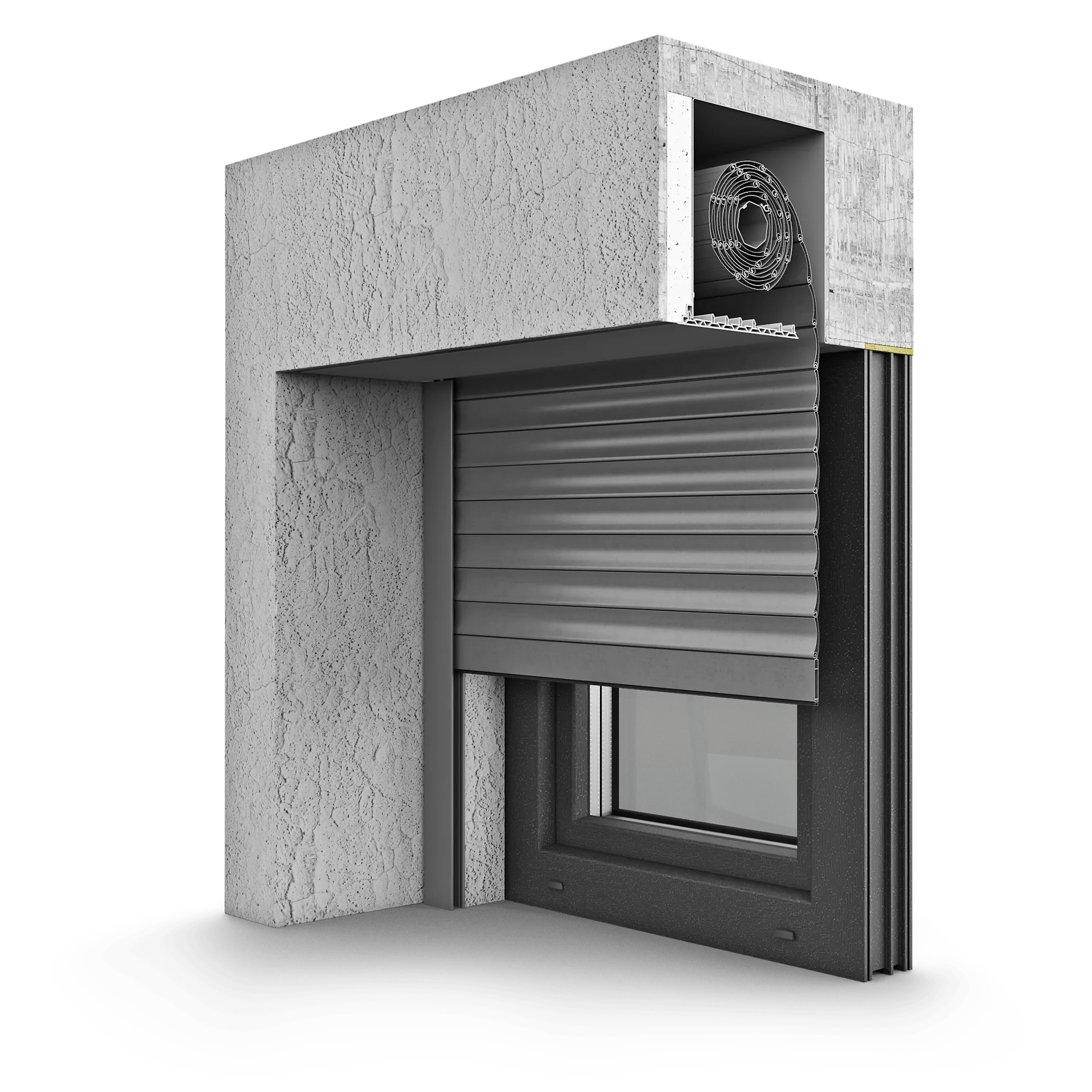 Cutaway render of a concealed external roller shutter partly lowered over a dark window