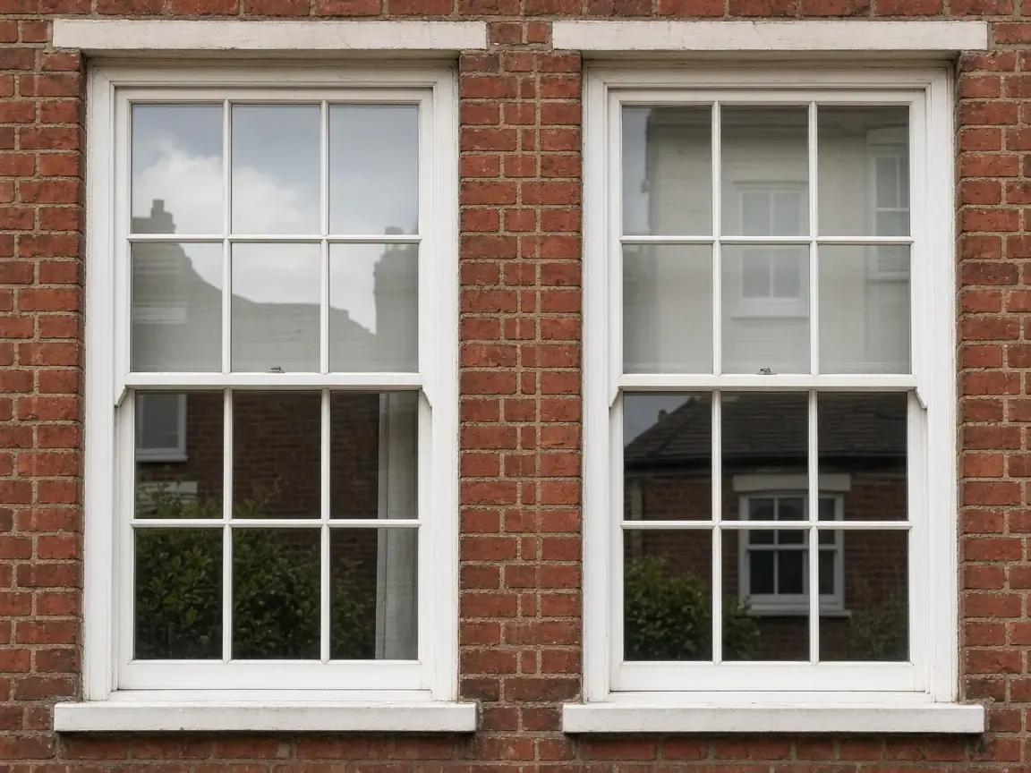 White vertical sliding sash windows on a brick terrace