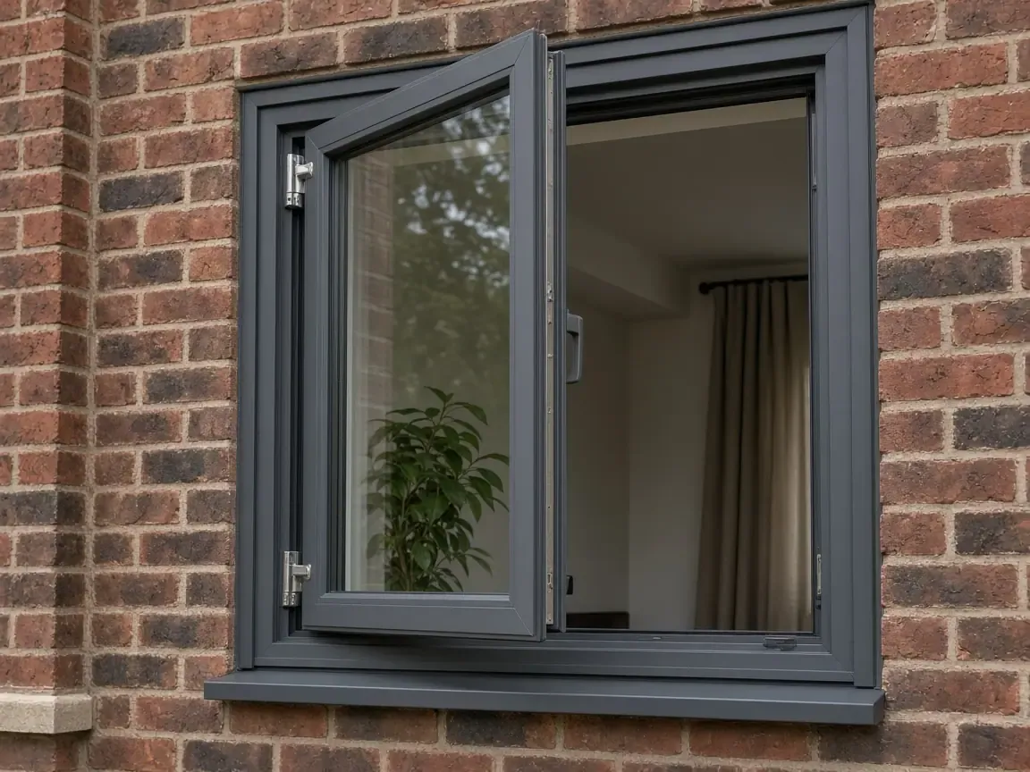 Anthracite tilt and turn window with the sash open inwards