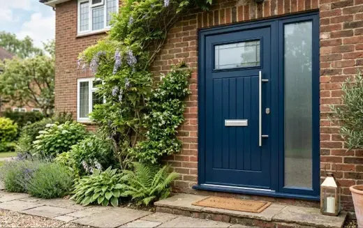 Deep blue composite entrance door on a brick house