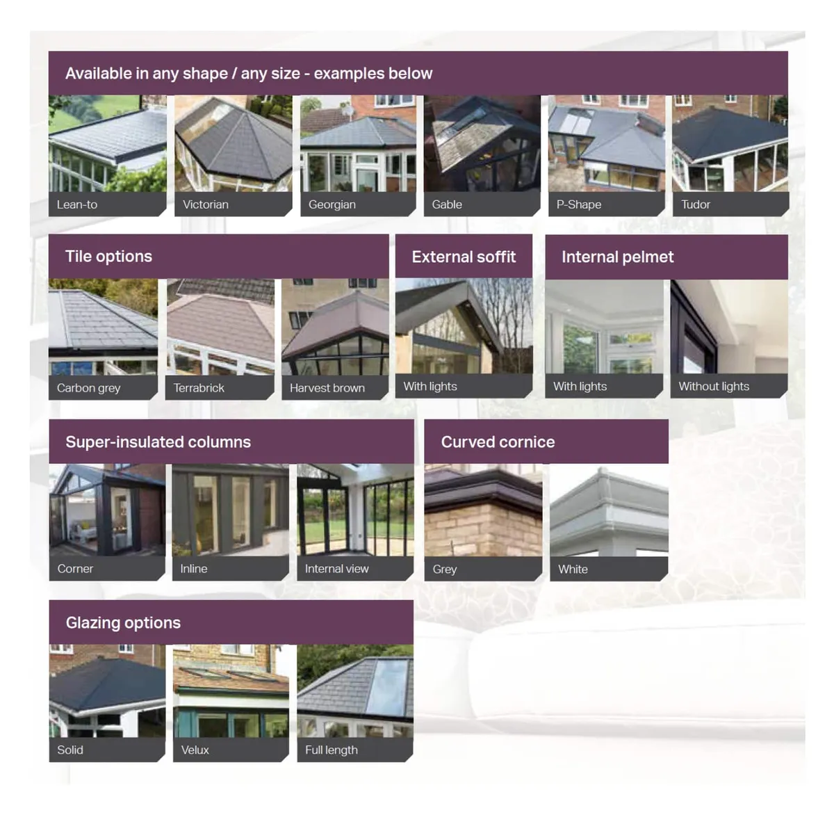 Examples of lean-to glass roof installations