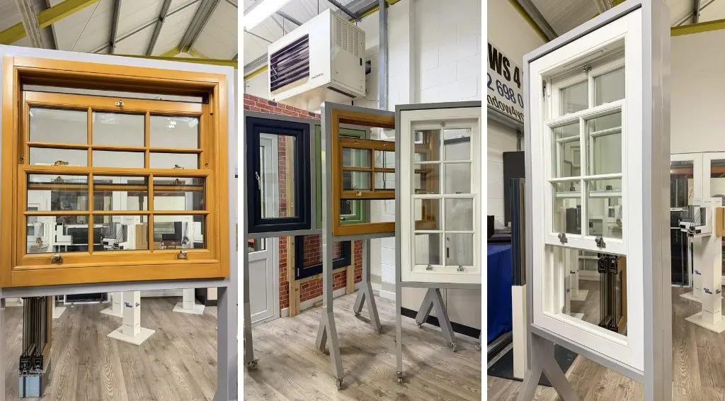 Oak, colour and white sash window samples in the Windows4You showroom