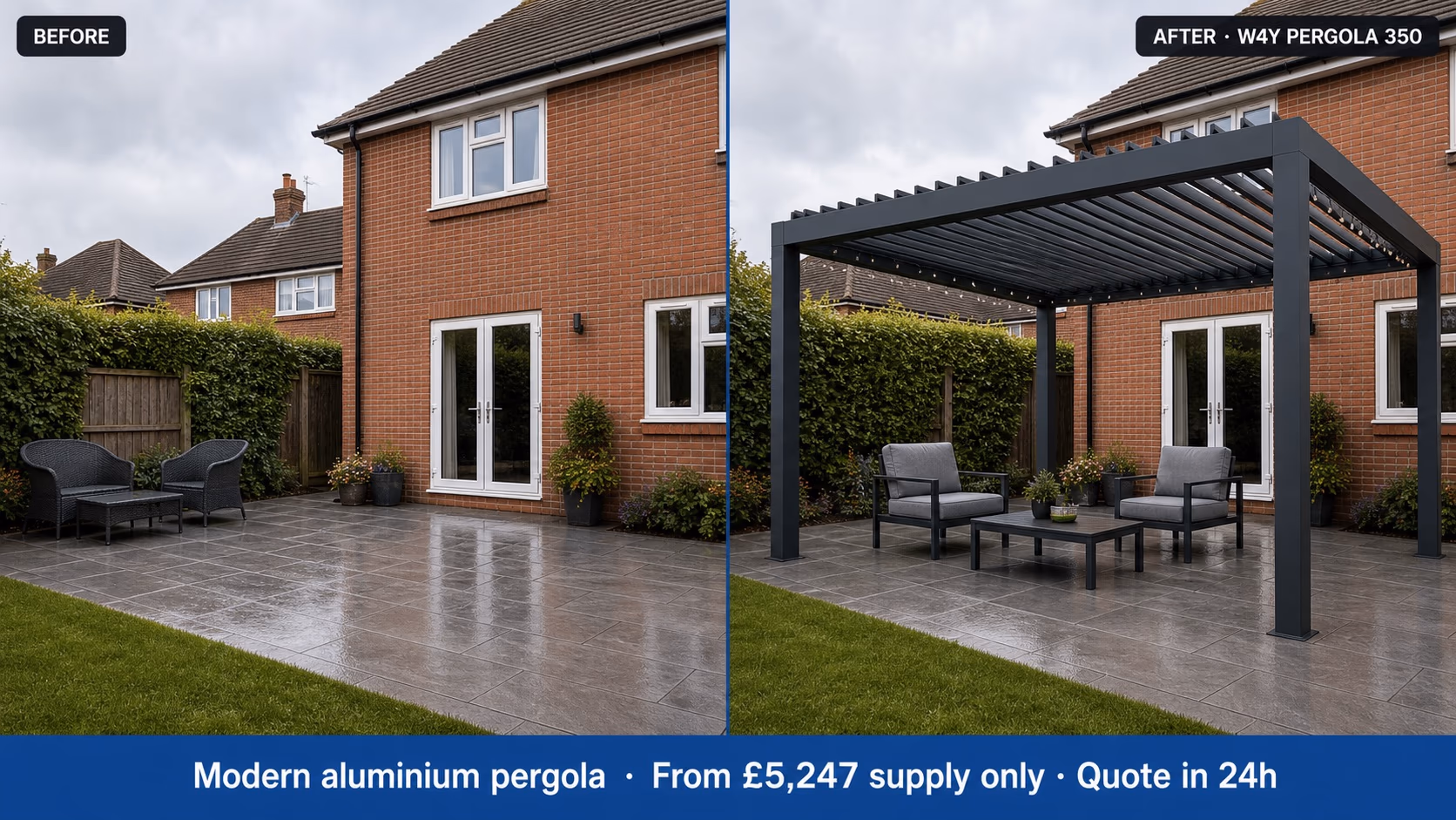 UK patio before and after aluminium pergola installation by Windows4You