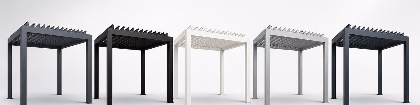 Five aluminium pergola finishes shown side by side